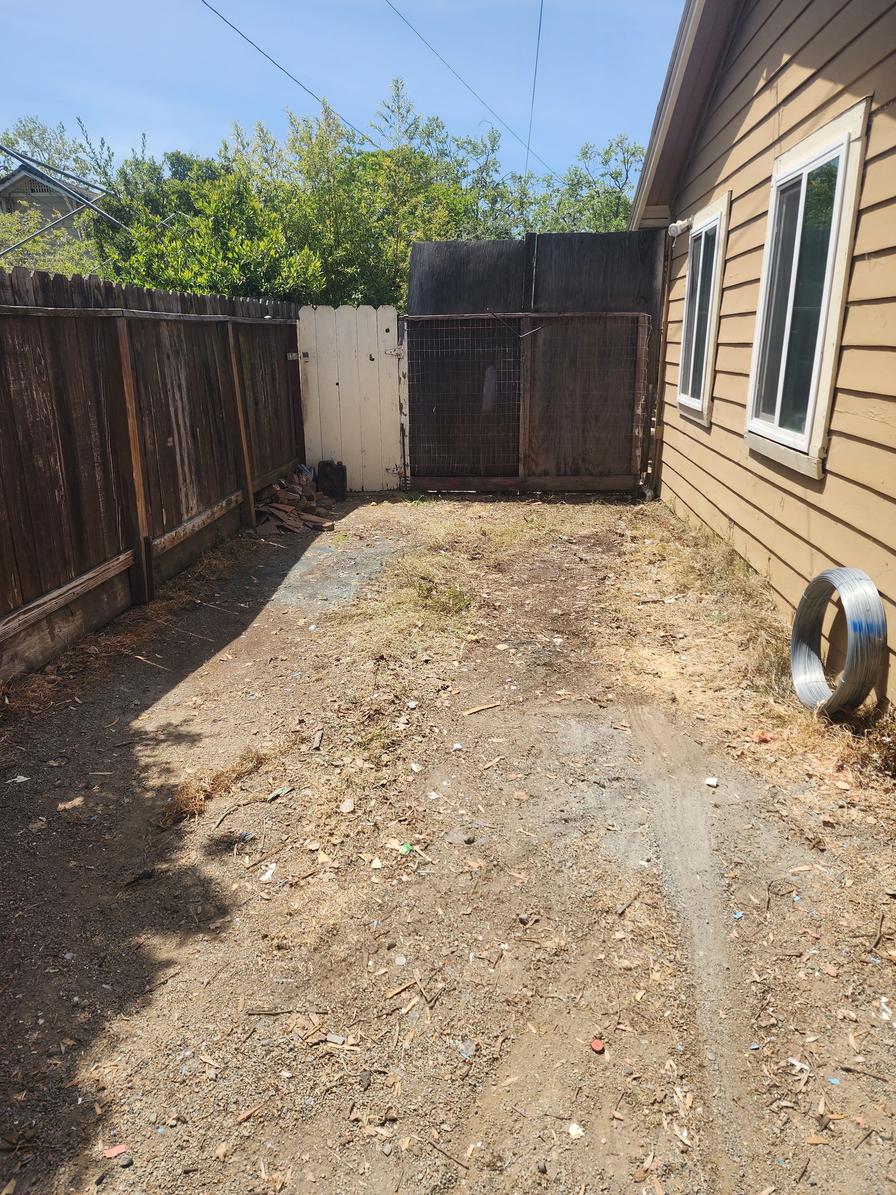 Narrow gravel path beside a house with wooden fences and overgrown grass in sunlight.